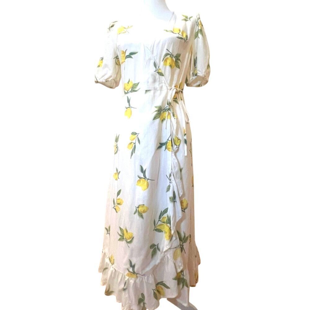 PRIMARK KNEE LENGTH WRAP DRESS BLOUSEN RUFFLED HEM LEMON DESIGN WOMENS SIZE 4